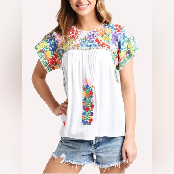 j. marie Tops - J. Marie Carmen Colorful Embroidered Floral 100% Rayon Boho Cottagecore Top - S